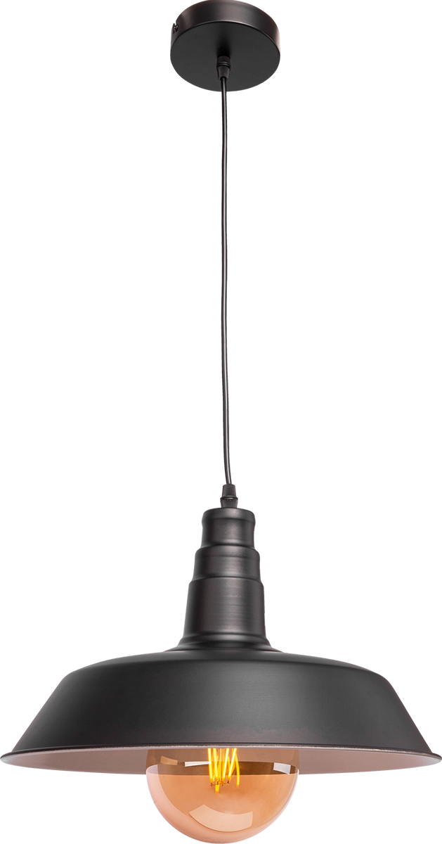 A black industrial lamp with an orange light..